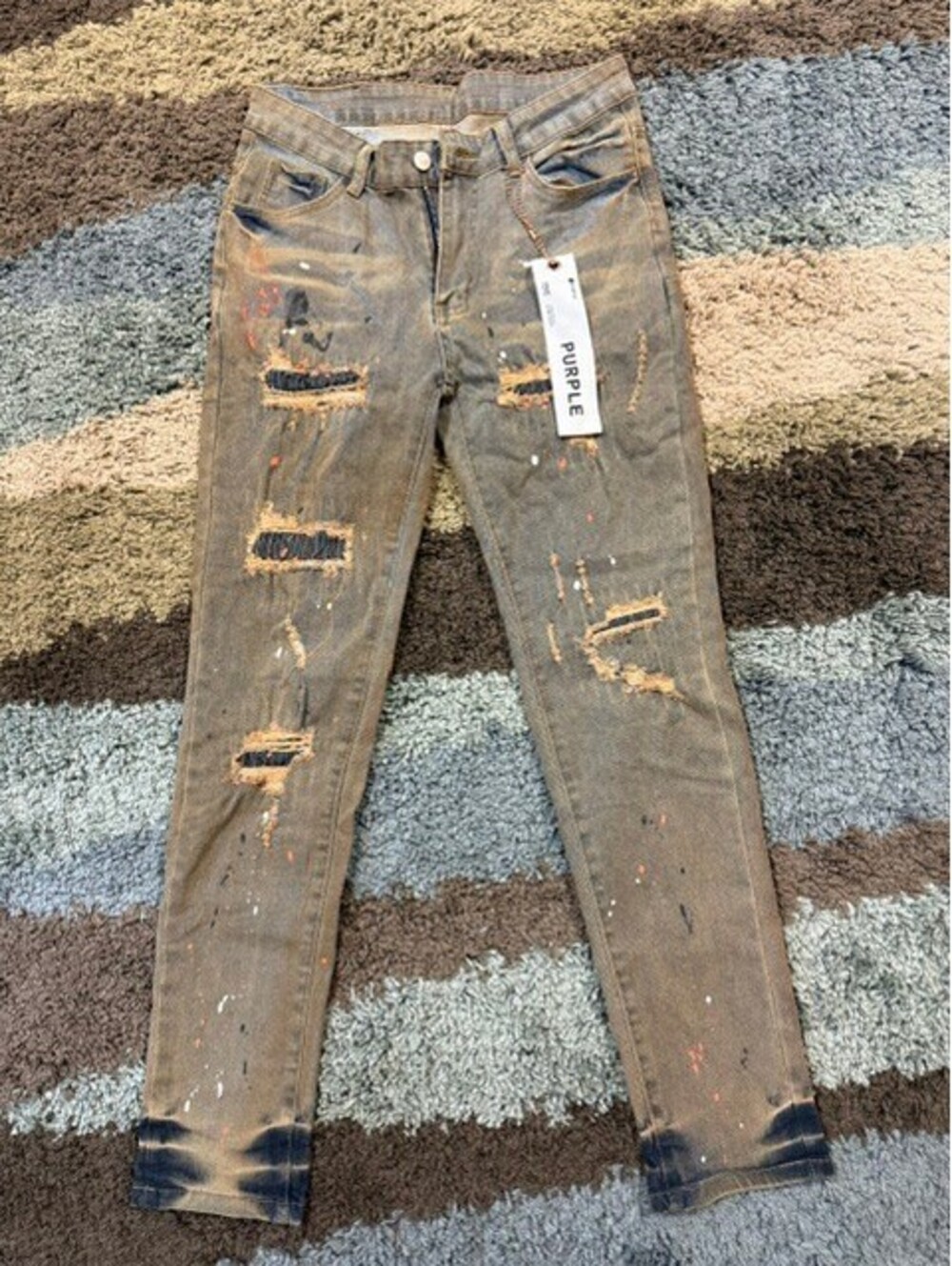Purple Distressed Skinny Jeans with Paint Splatter Effect, Size 30